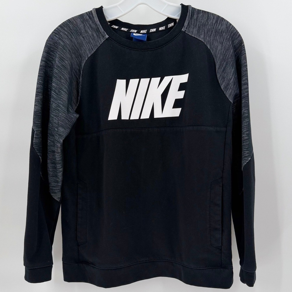 NIKE Boys Fleece Crewneck Sweatshirt Black Grey Raglan Pullover Large XL